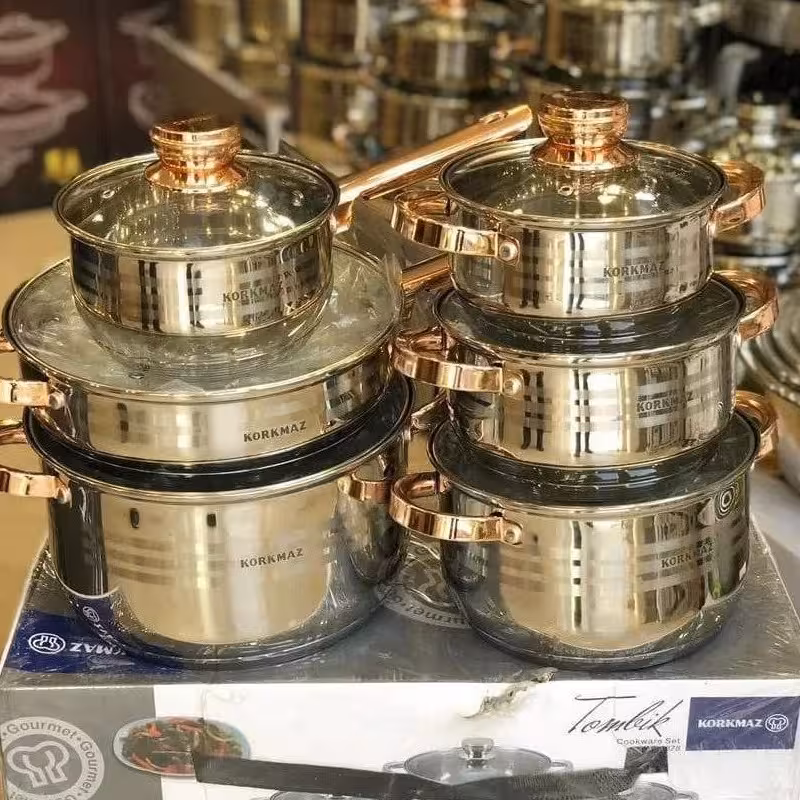 سرویس قابلمه استیل کرکماز 12پارچه اصلی حک شده استیل نگیر  تابه و قابلمه استیل وارداتی لوازم خانگی کمالی مشهد 