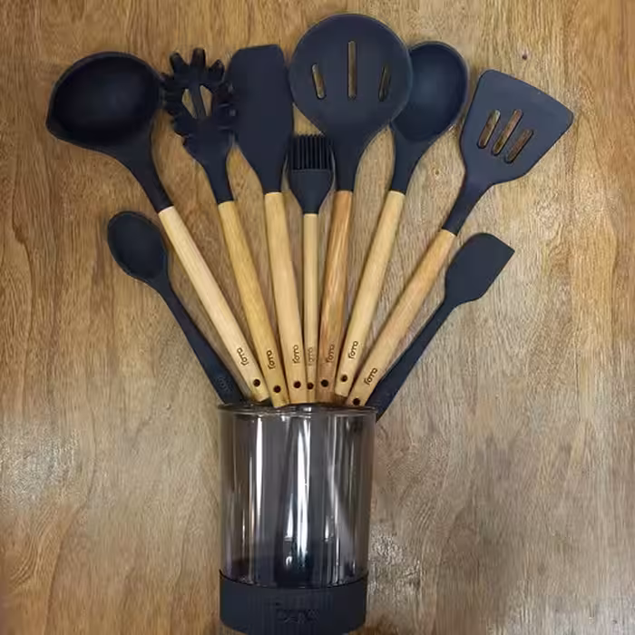 ست کفگیر ملاقه سیلیکونی دسته بامبو روما Roma مشکی