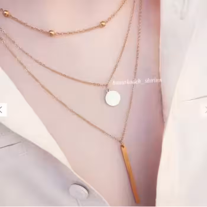 گردنبند سه ردیفه ی استیل طلایی با زنجیر توپی و آویز سکه