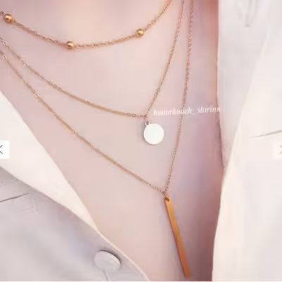 گردنبند سه ردیفه ی استیل طلایی با زنجیر توپی و آویز سکه