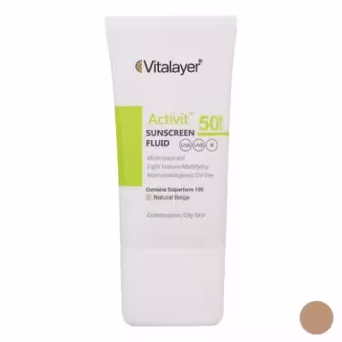 فلوئید ضد آفتاب رنگی ویتالیر SPF50 مدل Activit، مناسب پوست‌های چرب، حجم 50 میلی‌لیتر