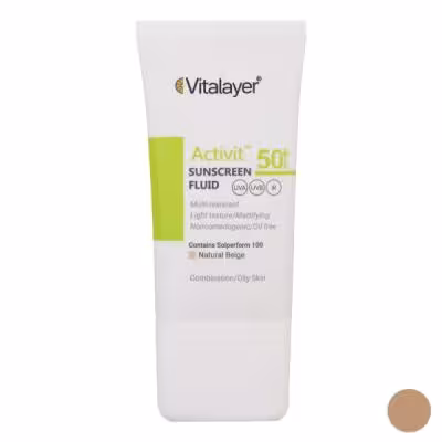 فلوئید ضد آفتاب رنگی ویتالیر SPF50 مدل Activit، مناسب پوست‌های چرب، حجم 50 میلی‌لیتر