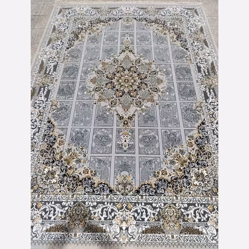 فرش 12متری جدید کاشان نقشه رومینا نقره ایی بافت نرم وزیبا