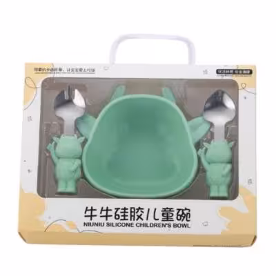 ظرف غذا و قاشق چنگال کودک سیلیکونی.