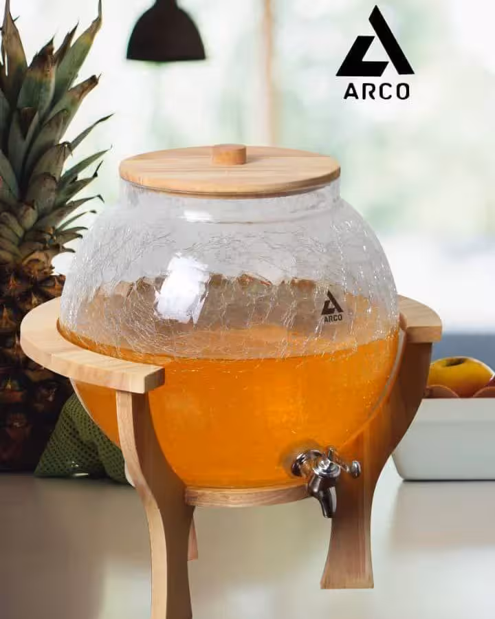 کلمن شیشه ای پایه چوب دسته دار طرح ماکان شیشه الماسی (ترک دار)