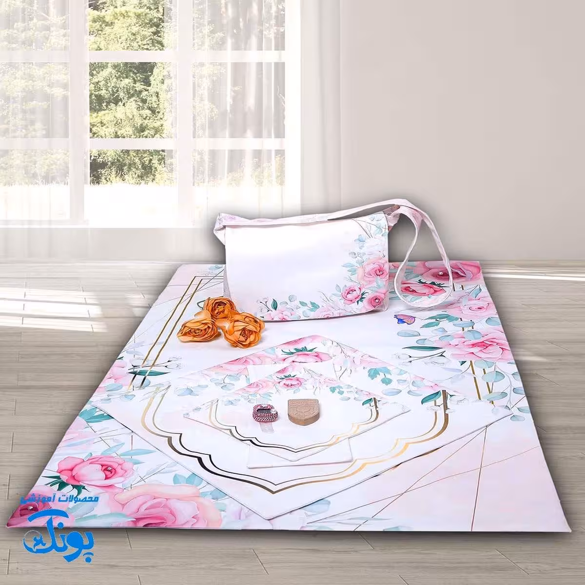 ست جشن تکلیف گلدار صورتی نگین کاری شده – کامل و زیبا