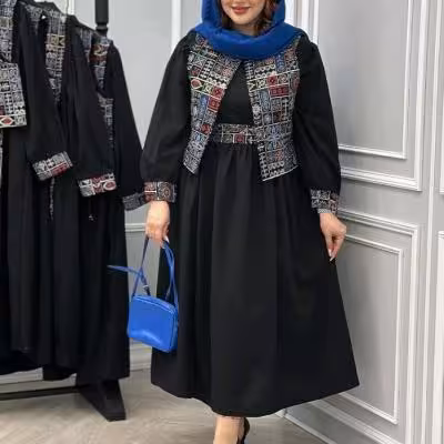 پیراهن مهمانی زنانه اسکاچی مدل سه تیکه پیراهن و ژیله و کمربند کرپ اسکاچی و تافته ماهرخ