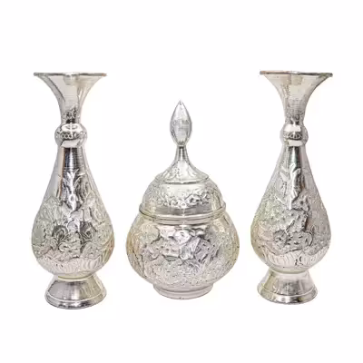 ست 3 تکه گلدان و قندان قلمزنی مدل سیلورپلیتینگ کد HQ201720