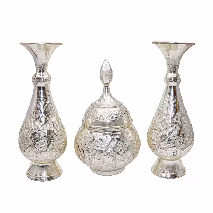 ست 3 تکه گلدان و قندان قلمزنی مدل سیلورپلیتینگ کد HQ201720