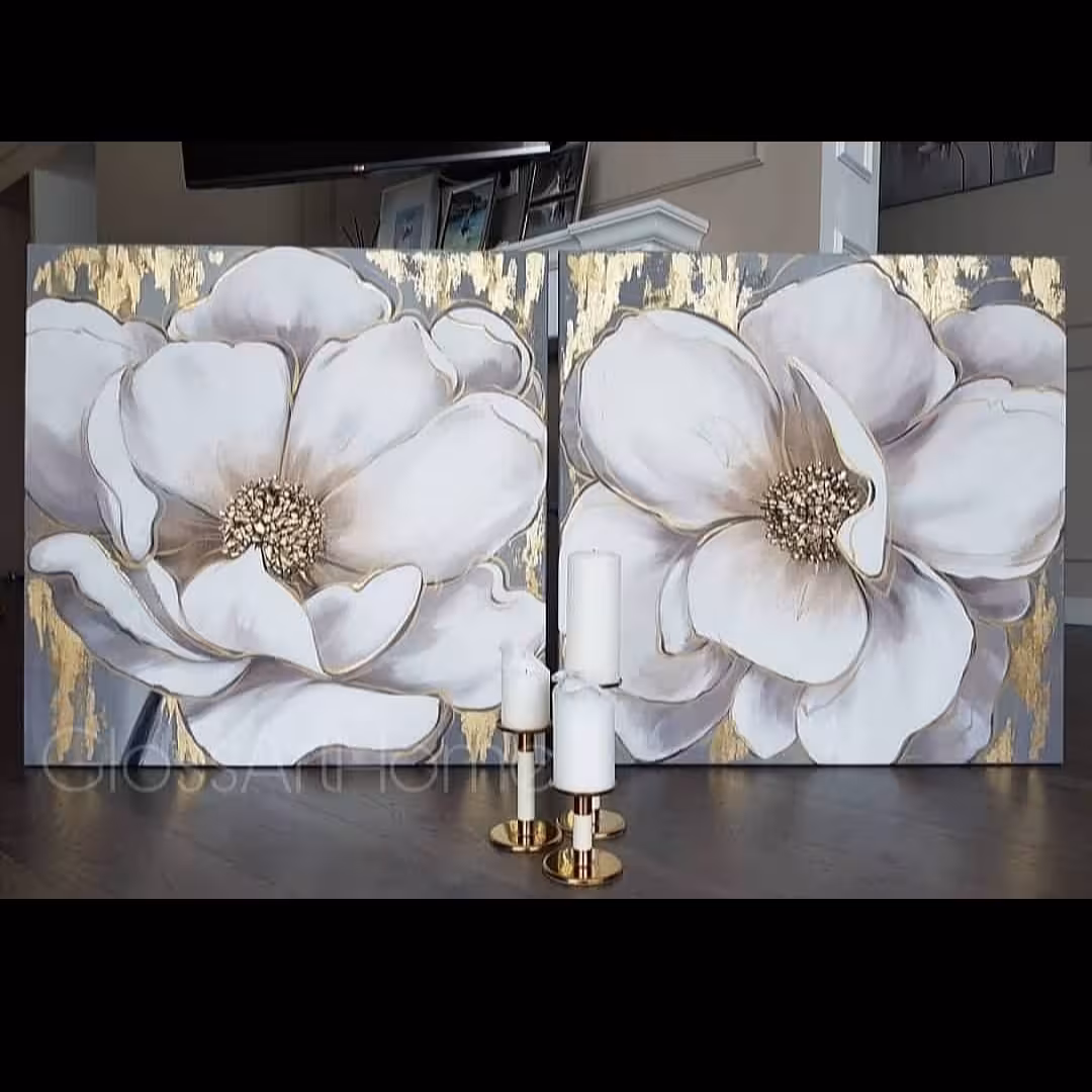 تابلو نقاشی مدرن گل ورق طلا دو تکه مربع