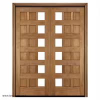 درب لابی ورودی دو لنگه چوبی شیشه خور رنگ چوب طبیعی  کد 1238