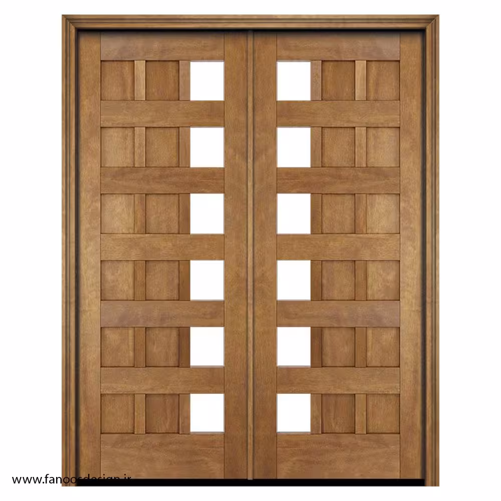 درب لابی ورودی دو لنگه چوبی شیشه خور رنگ چوب طبیعی  کد 1238