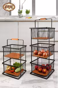 سبد سیب زمینی پیاز کروم 2 طبقه و 3 طبقه مشکی کف چوب دسته از بالا