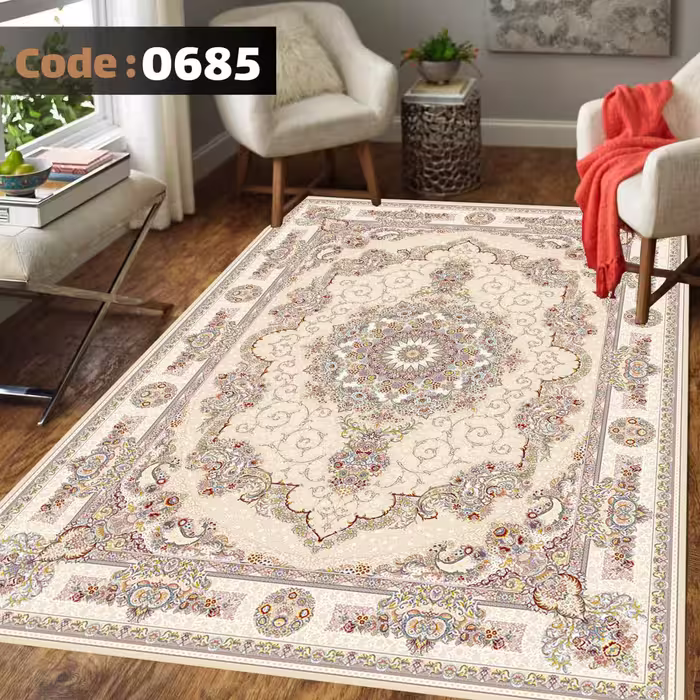 کاورفرش روفرشی دورکشدار گوشه لیفه ای کرم  قهوه ای کد 0685