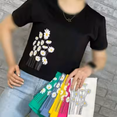 کراپ تیشرت مشکی طرح ضربان و بابونه ارسال رایگان