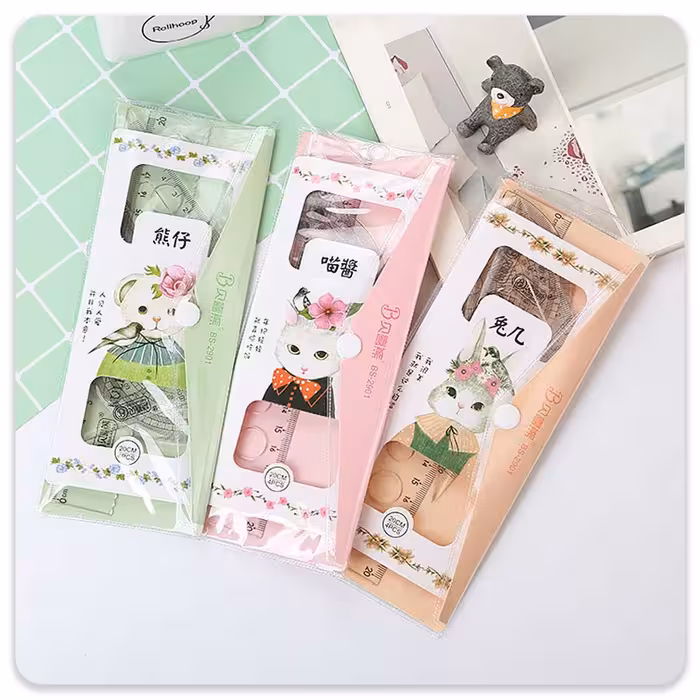 ست خط کش و گونیا گربه گلی (مدل رندوم)