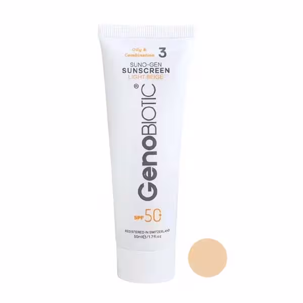 ضد آفتاب کرم پودری SPF50 پوست چرب ژنوبایوتیک (بژ روشن)