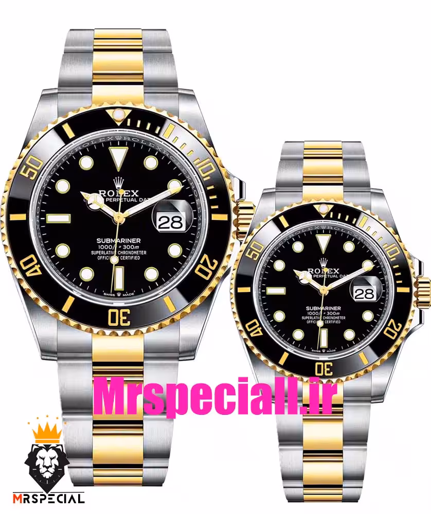 ساعت ست رولکس مردانه و زنانه مدل ساب مارینر باتری دورنگ طلایی صفحه مشکی 01621 Rolex Sub mariner