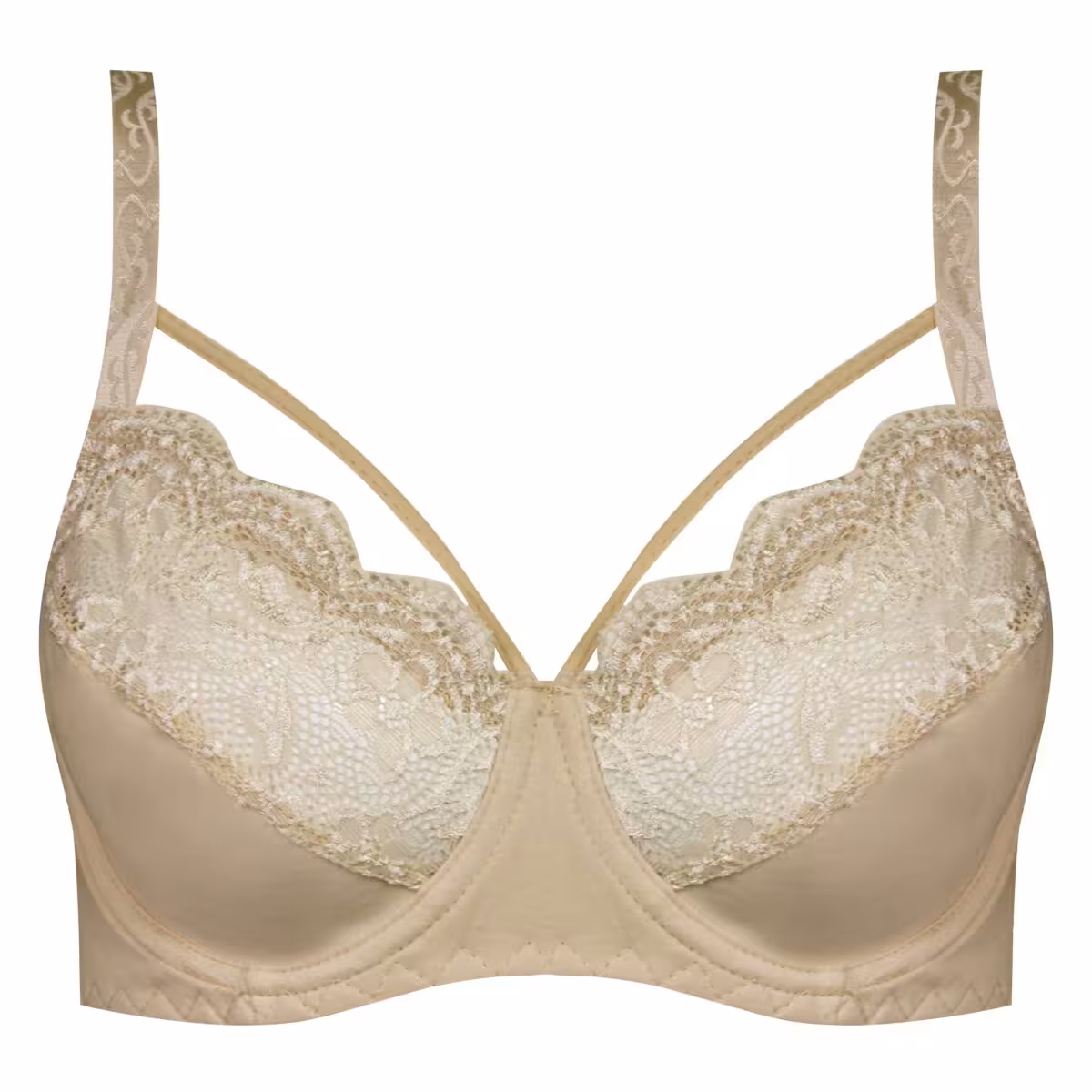 سوتین زنانه جلو تور مدل فنردار گیپور گلدار هارنس کرم کد 4889