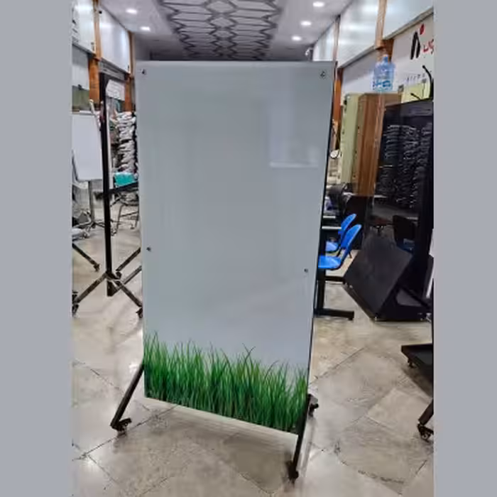 وایت برد شیشه ای پایه دار مدل هشتی کوچک سایز 170 * 90
