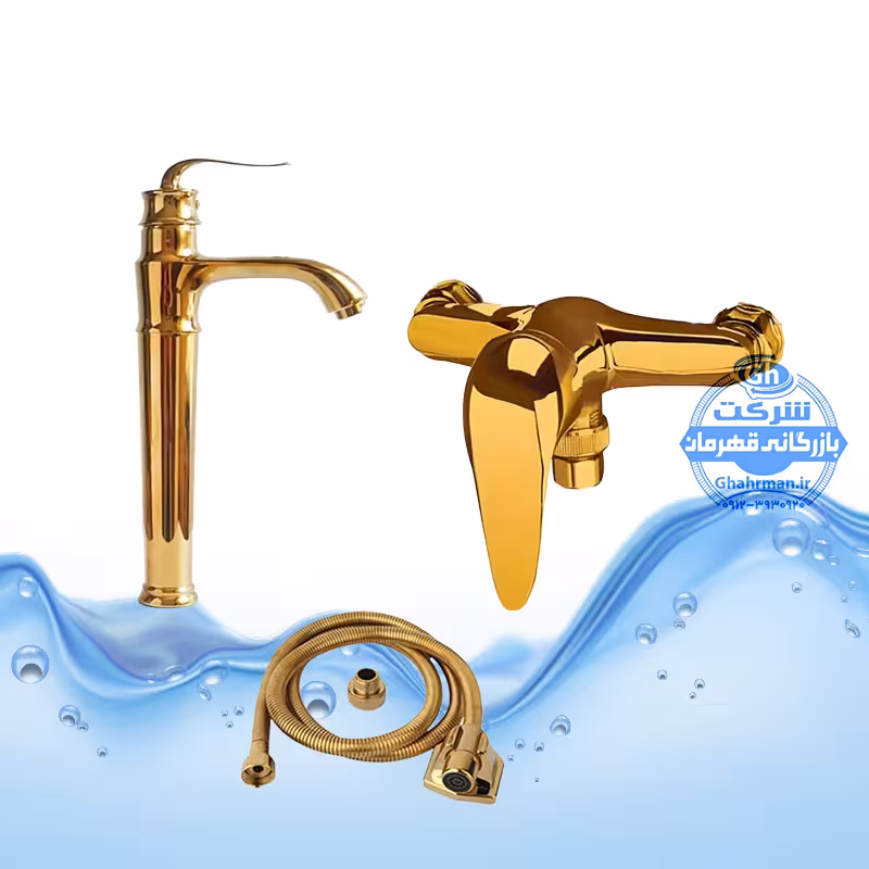 ست 3 عددی شیر روشویی پایه بلند مدل بامبو   شیر توالت مدل قهرمان   شلنگ توالت | طلایی براق | شیرآلات برند آیدا صنعت مدل قهرمان