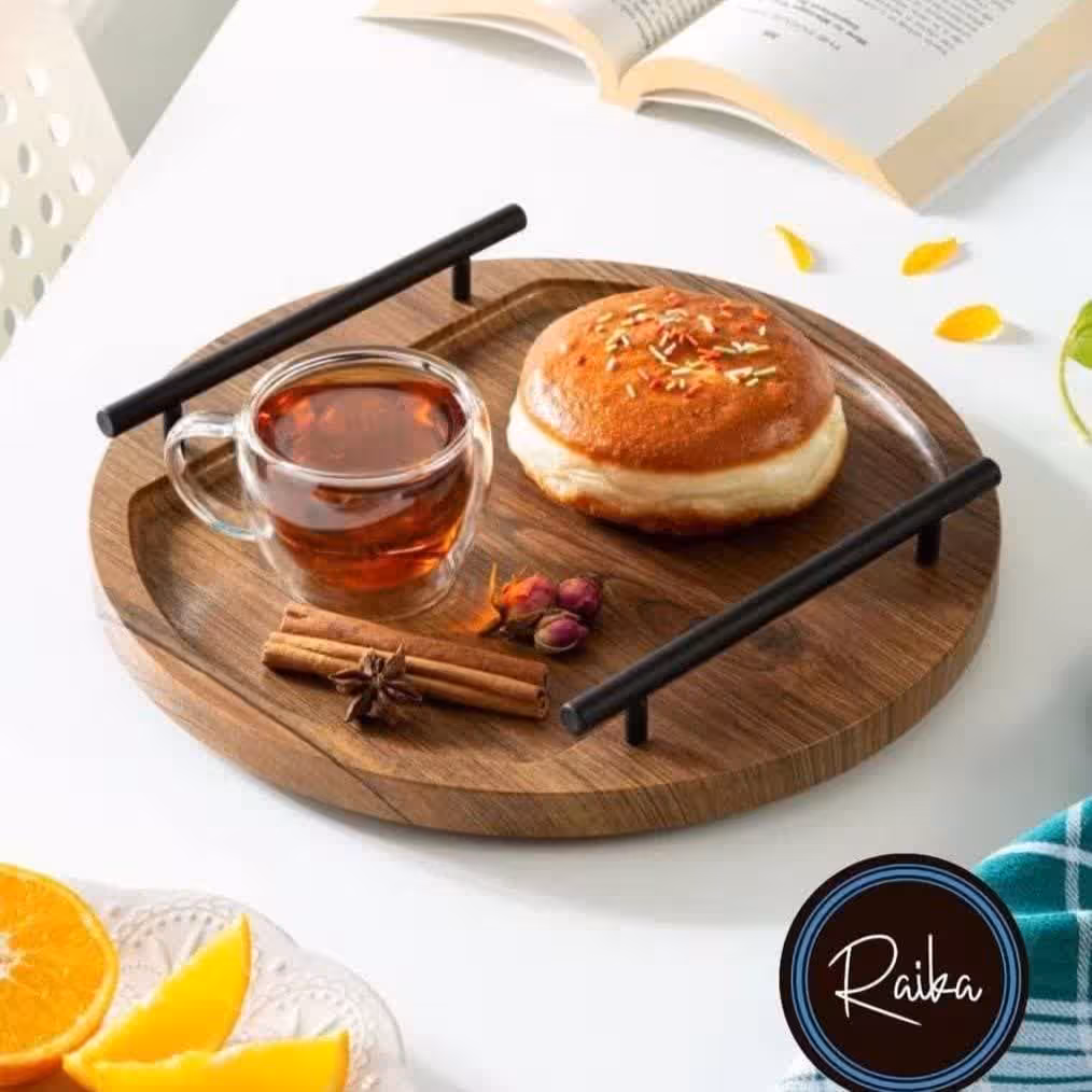 سینی گرد چوبی با دسته فلزی رایکا