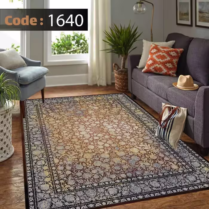 کاورفرش روفرشی دورکشدار گوشه لیفه ای طوسی کرم کد 1640