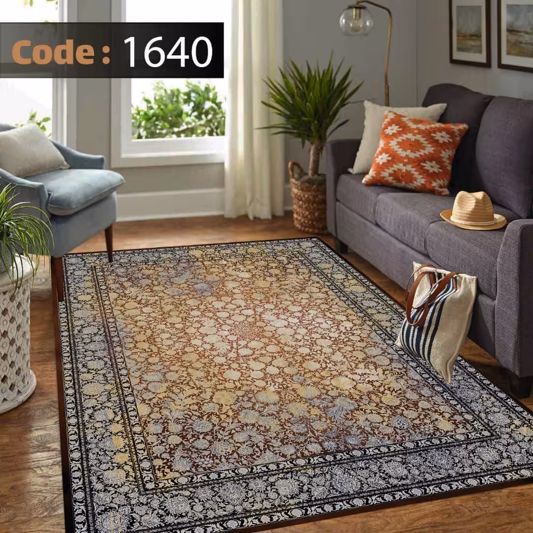 کاورفرش روفرشی دورکشدار گوشه لیفه ای طوسی کرم کد 1640