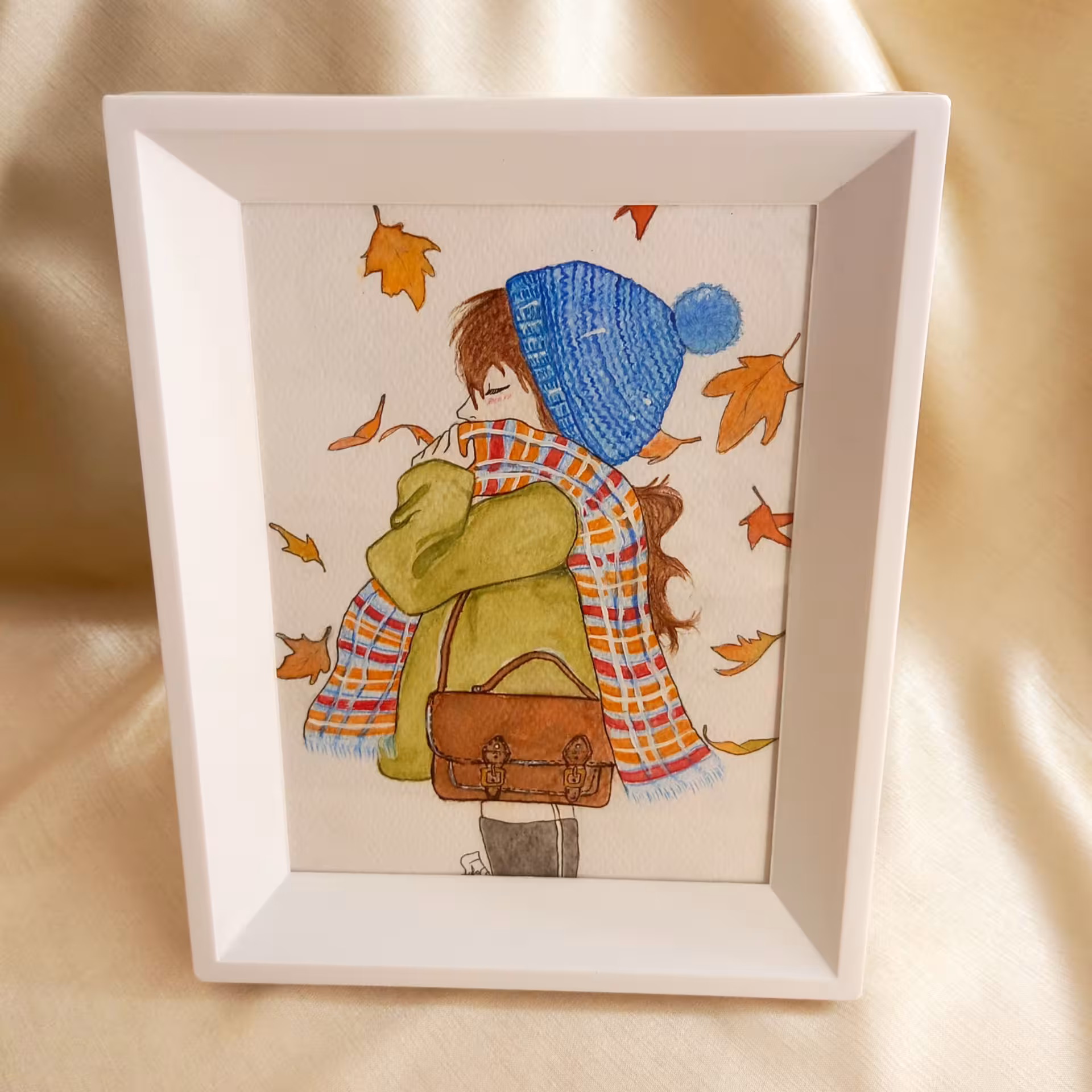 تابلو  نقاشی طرح دختر پاییز  تکنیک آبرنگ کار شده روی مقوا فابریانو گرم بالا 