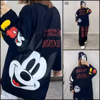 تیشرت لانگ ست زنانه و مردانه طرح میکی جنس اسپان فلامنت فول کش