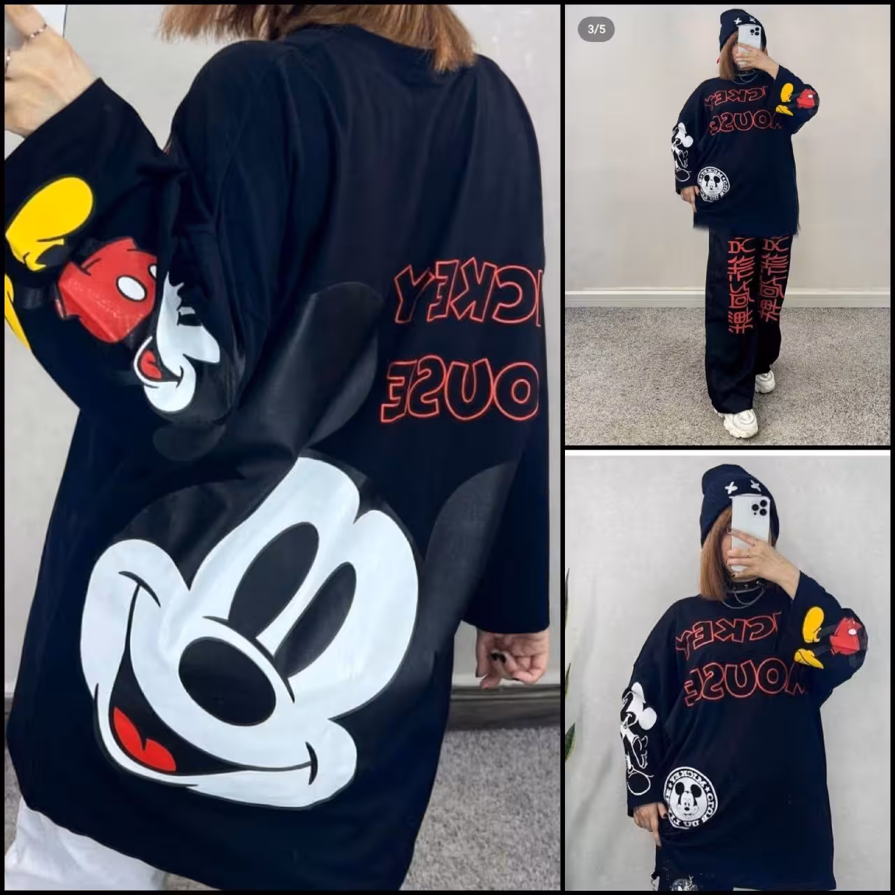 تیشرت لانگ ست زنانه و مردانه طرح میکی جنس اسپان فلامنت فول کش