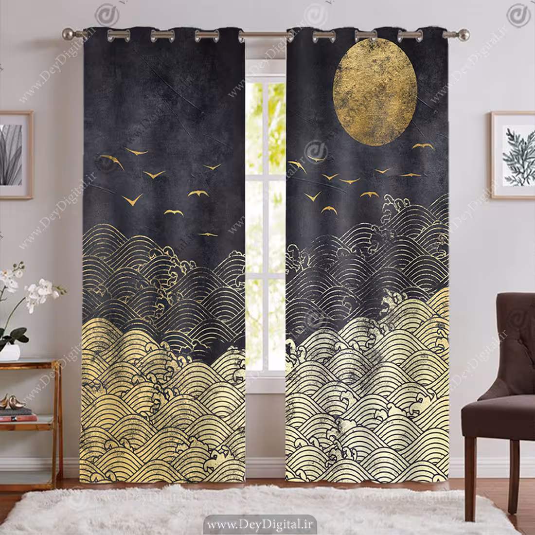 پرده پانچی مشکی طلایی ماه و پرنده PK-7617