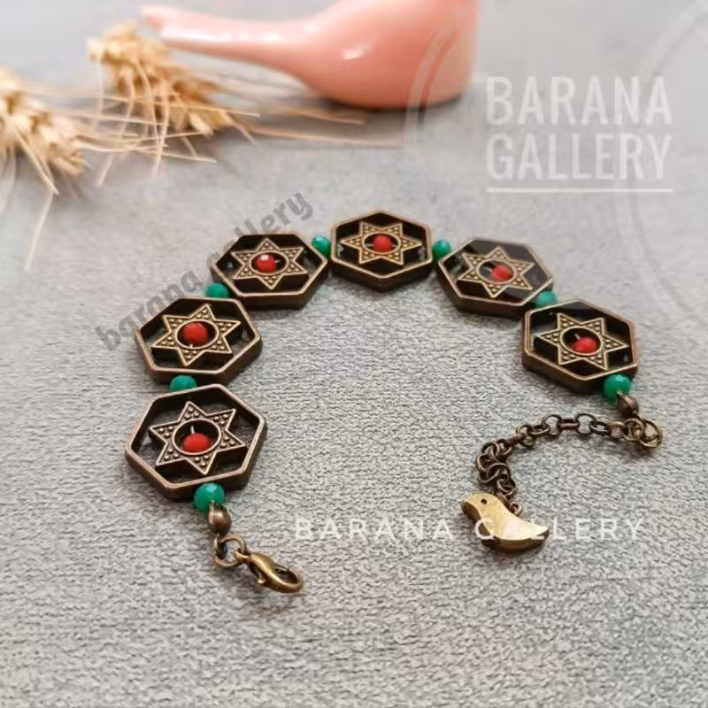 دستبند شش ضلعی شمسه سنتی  خورشید خانم سبز قرمز ستاره ای زنانه دخترانه هندی حجم مرغ آمین 
