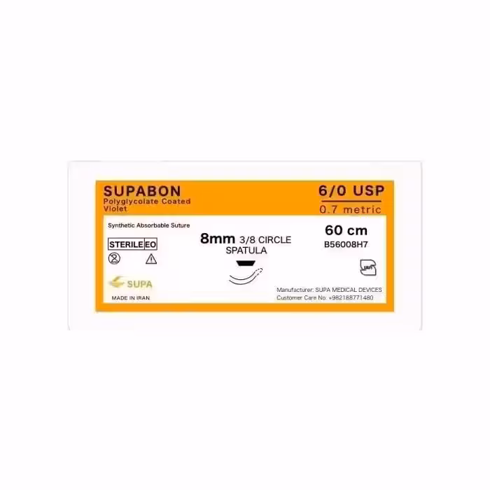 نخ و سوزن دوسوزنه اسپاچولا سوپابن (پلی گلایکولیک اسید) 6/0 با سوزن 8 سوپا