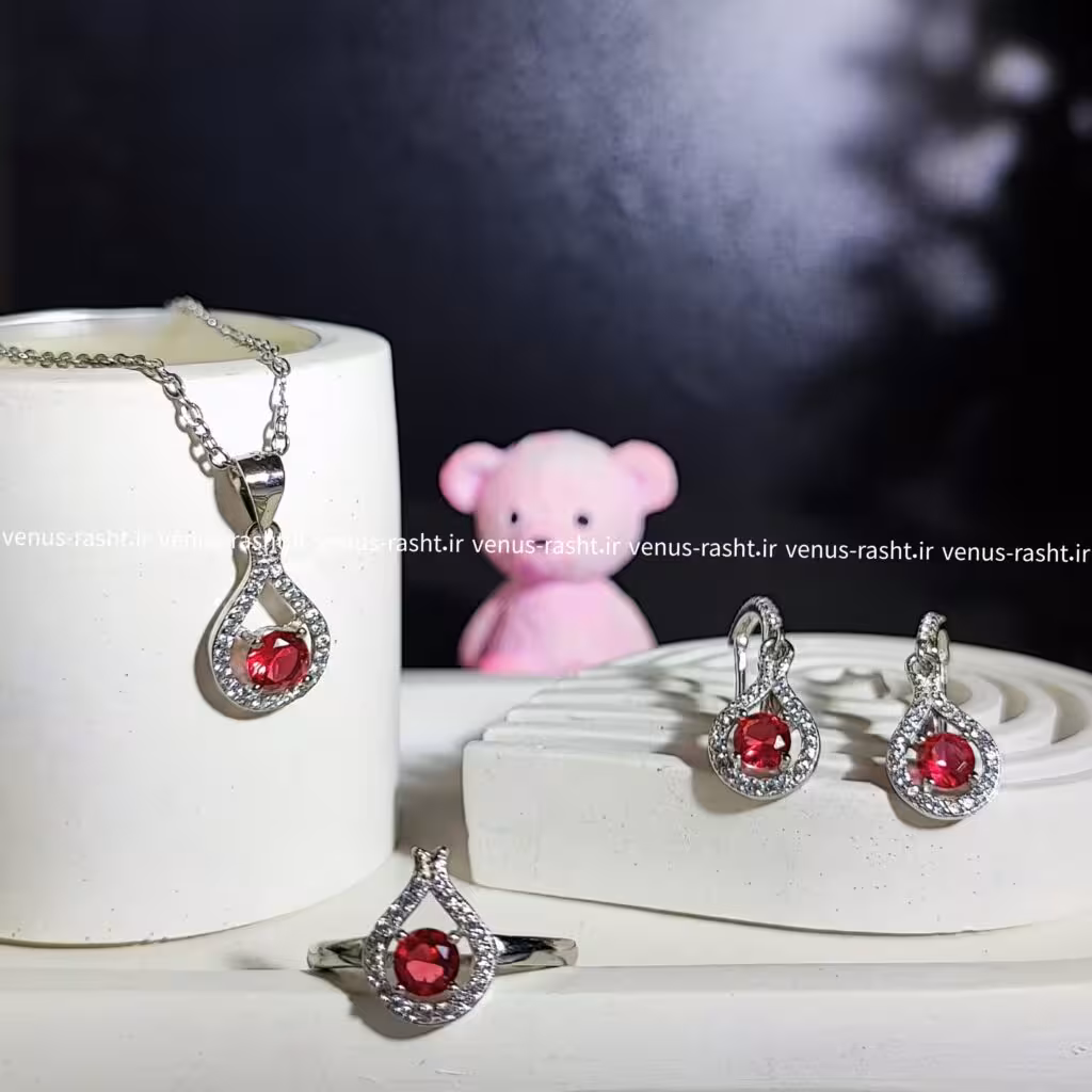 نیم ست نقره جواهری نگین صورتی کد 1435