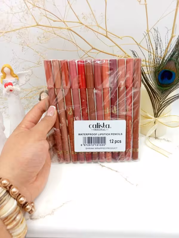 رژ مدادی بدون تراش دو خط طلایی بسته 12 عددی کالیستا (با کیفیت)