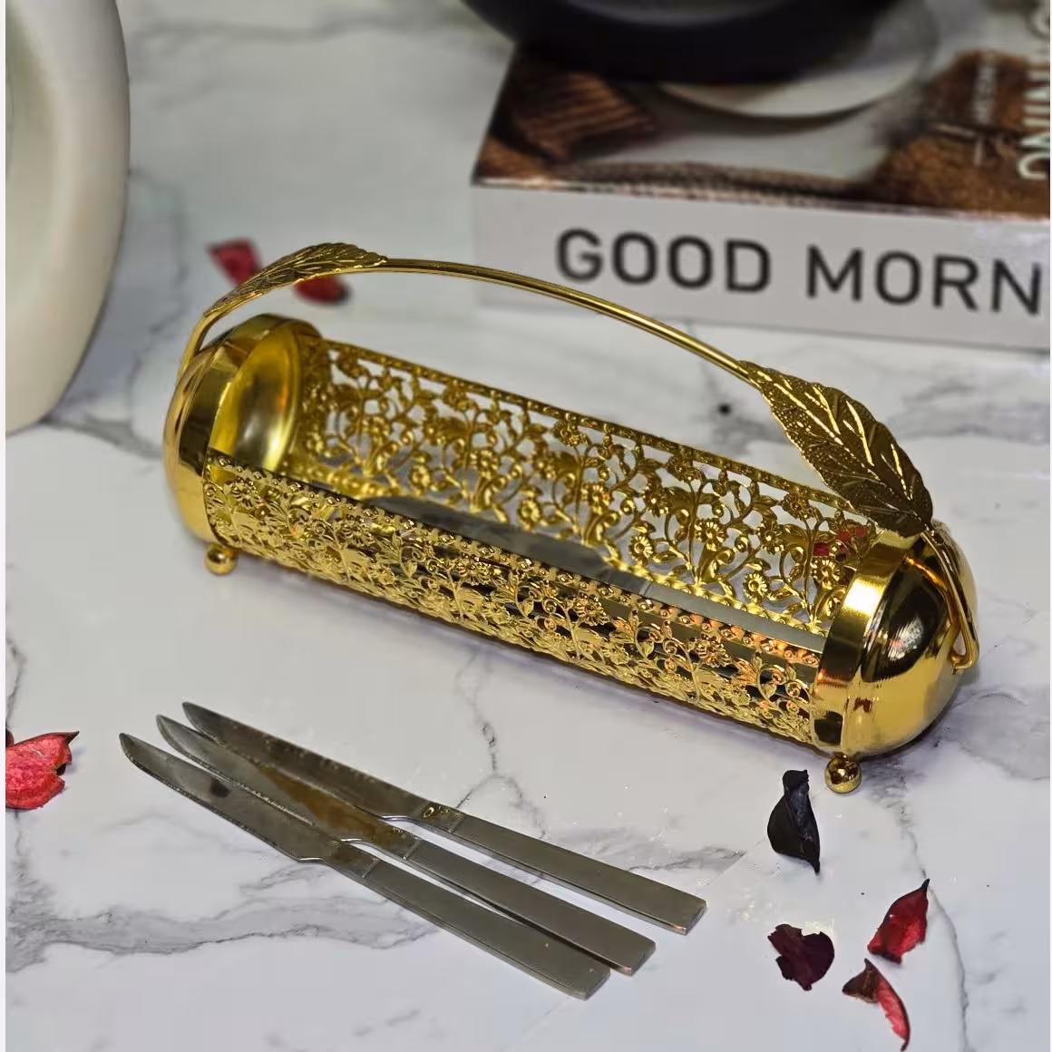 جا کاردی و جا قاشقی دسته دار گل ریز طلایی