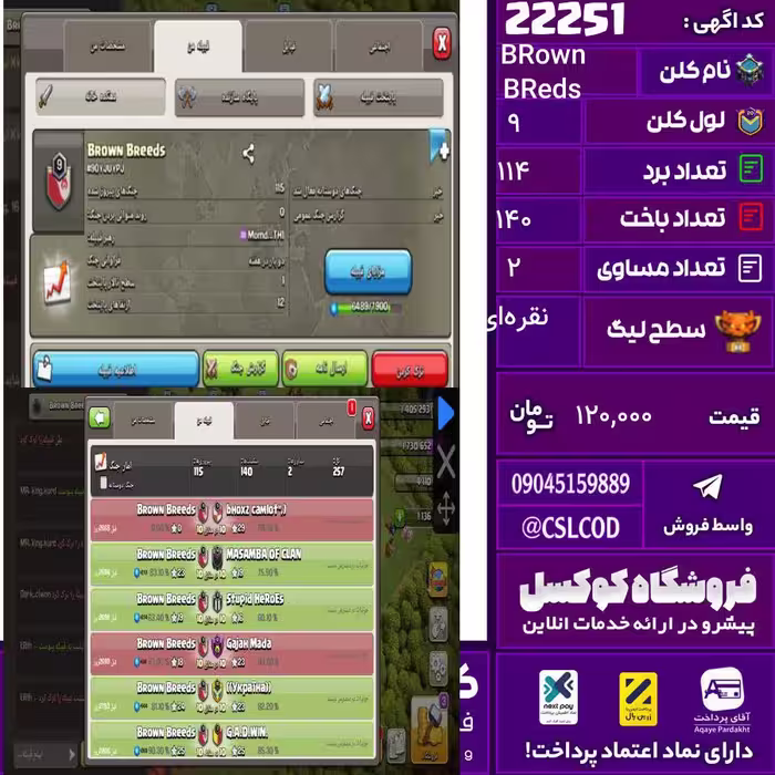 کلن کلش اف کلنز نام BRown BReds لول 9 تعداد برد 114 سطح لیگ نقره‌ای کد 22251