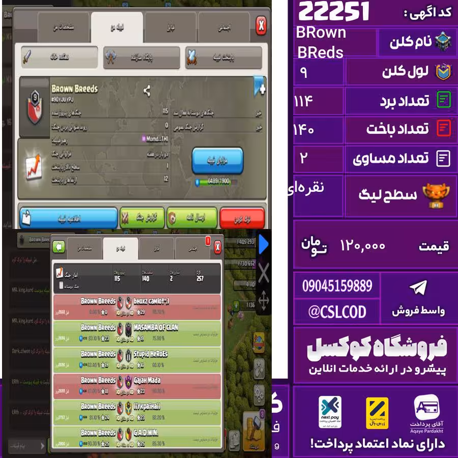 کلن کلش اف کلنز نام BRown BReds لول 9 تعداد برد 114 سطح لیگ نقره‌ای کد 22251