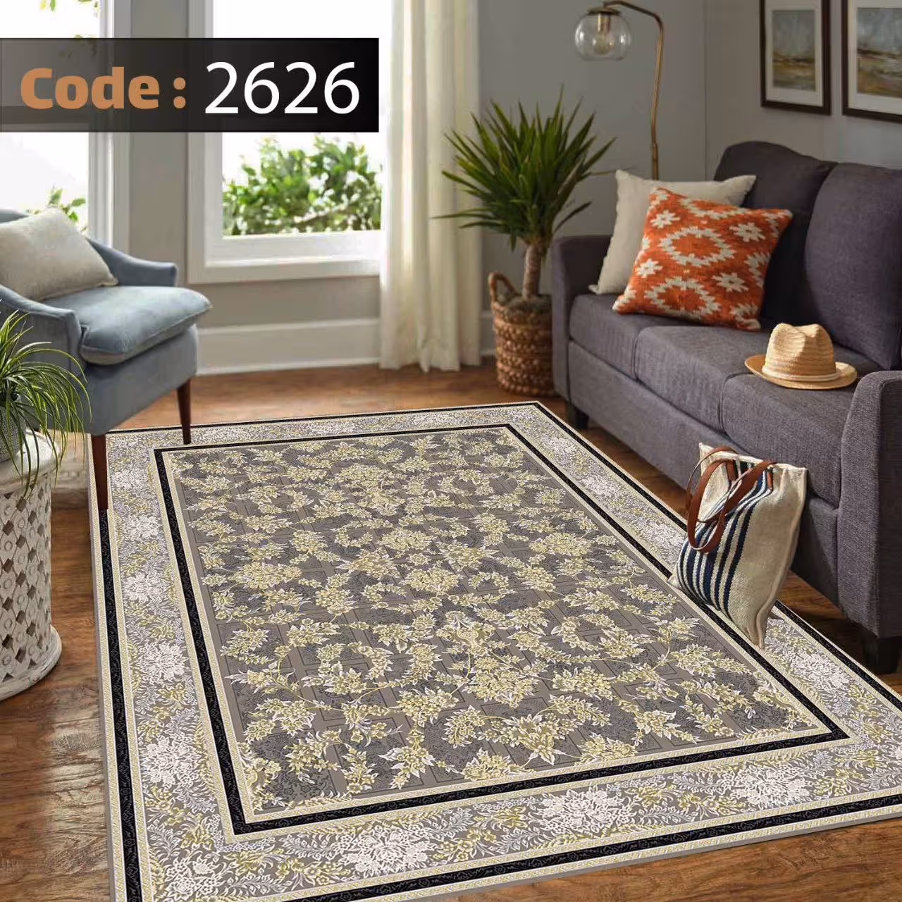 کاورفرش روفرشی دورکشدار گوشه لیفه ای طوسی کرم کد 2626