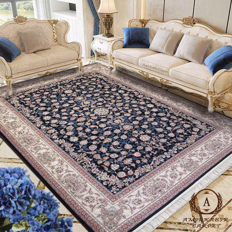 فرش افشان شاهانه سرمه ای 1200 شانه گل برجسته