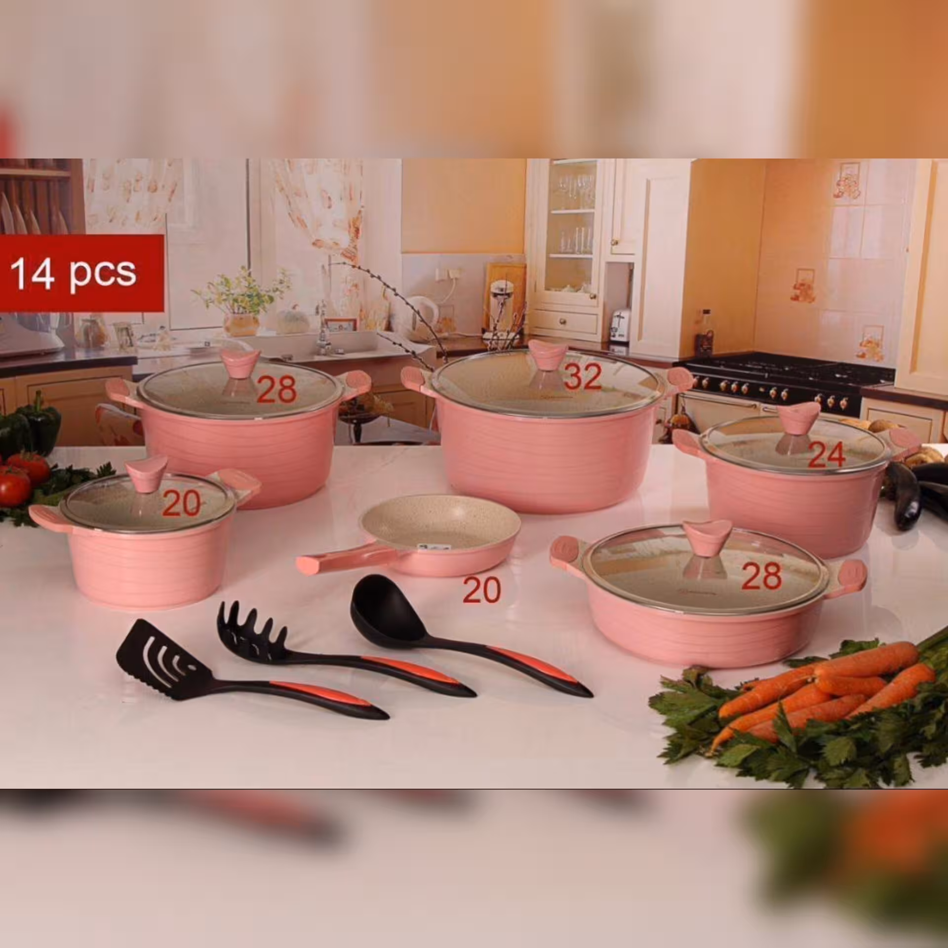 سرویس قابلمه چدن گرانیت 14 پارچه برند هم کینگ رنگ صورتی 