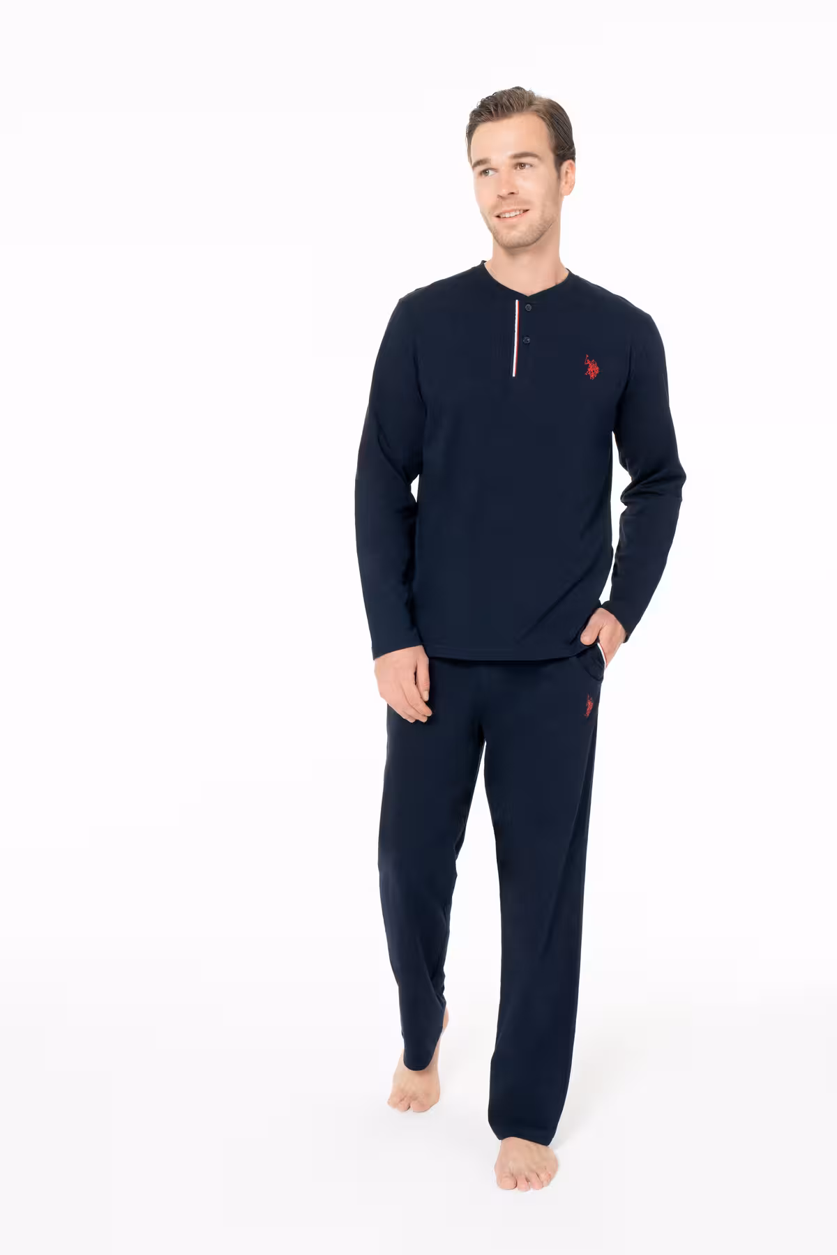 ست پیژامه مردانه دکمه یقه پنبه ای 100 ٪ COMFORT با مجموعه لباس خواب آبی U.S. Polo Assn.