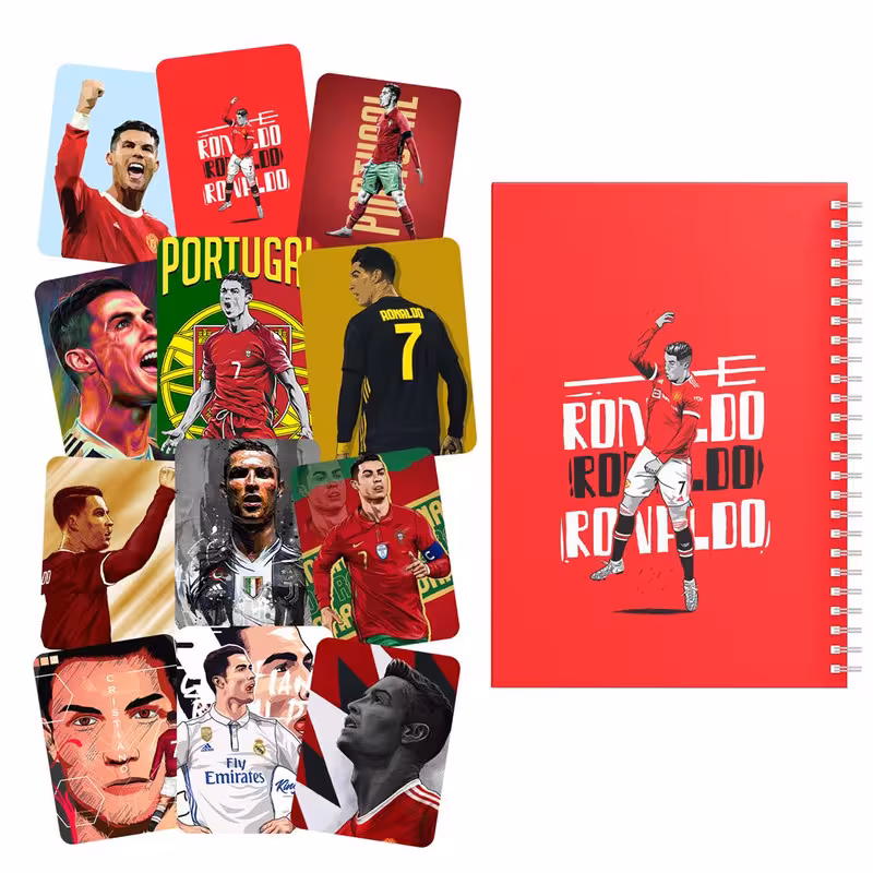 دفتر نقاشی باژیکان طرح فوتبالی رونالدو کد 20100547 به همراه استیکر لپ تاپ مجموعه 12 عددی
