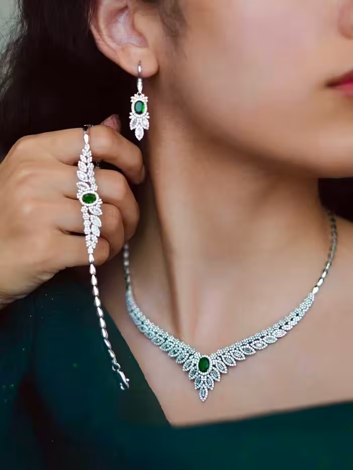 سرویس زمرد نقره جواهری زنانه کد 60499