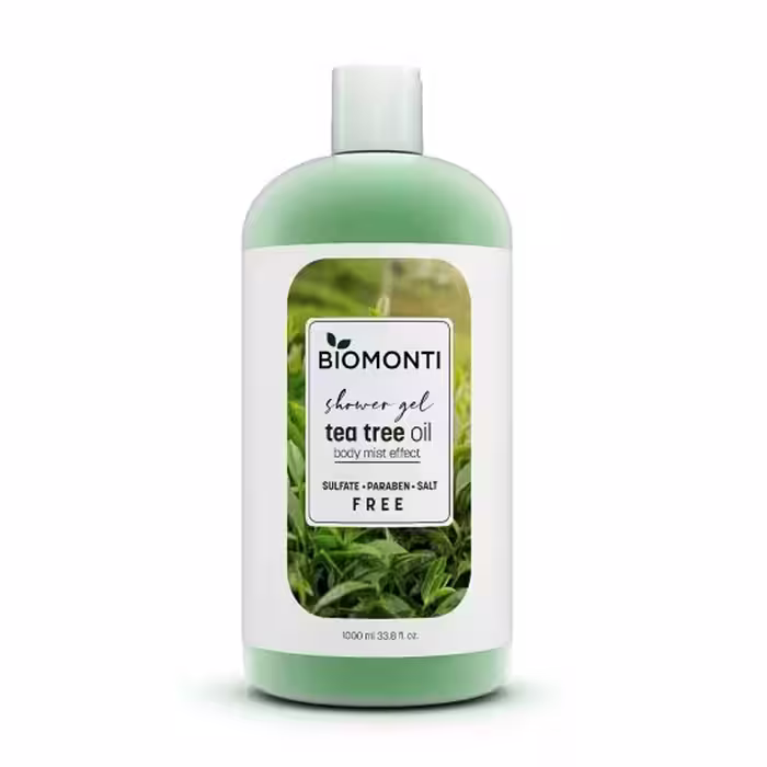 شامپو بدن بدون پارابن بیومونتی BIOMONTI مدل TEA TREE OIL حاوی روغن درخت چای حجم 1000 میل