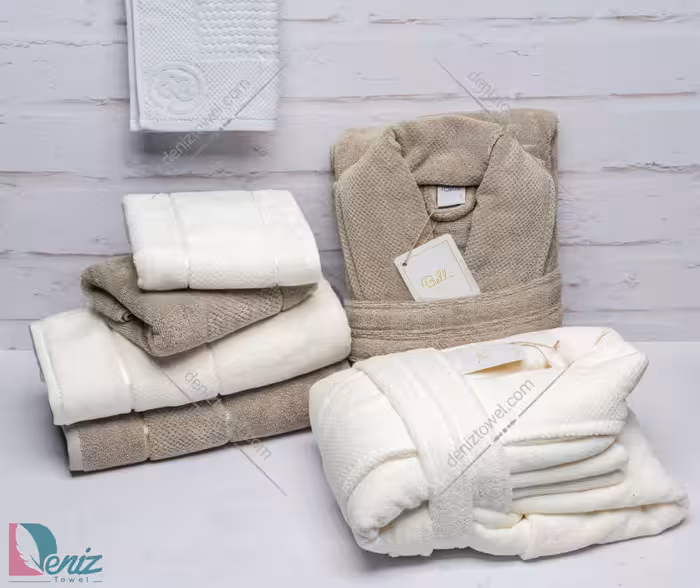 حوله ست دو نفره طرح ماکرو رنگ شیری و خاکی