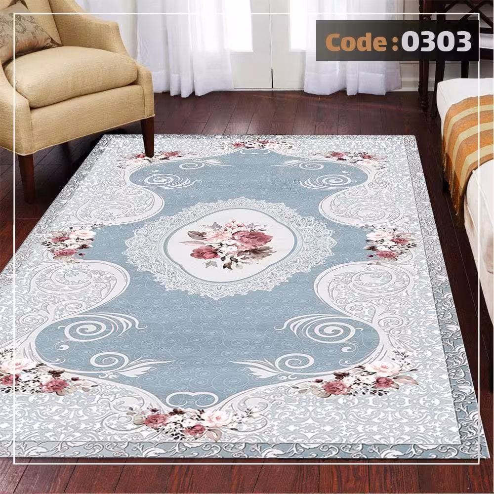 کاورفرش روفرشی دورکشدار گوشه لیفه ای لاکی ، آبی و متنوع کد 0303