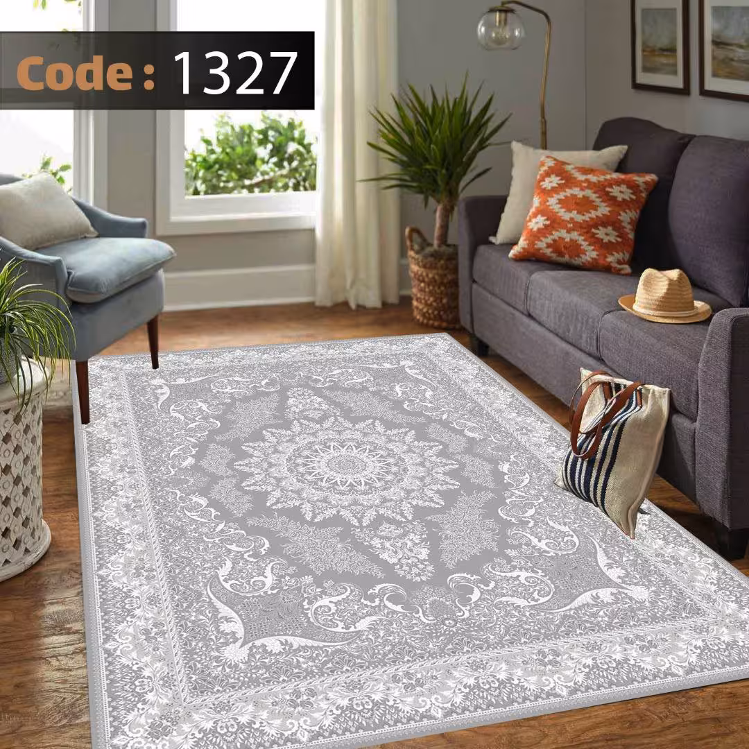 کاورفرش روفرشی دورکشدار گوشه لیفه ای طوسی کرم کد 1327