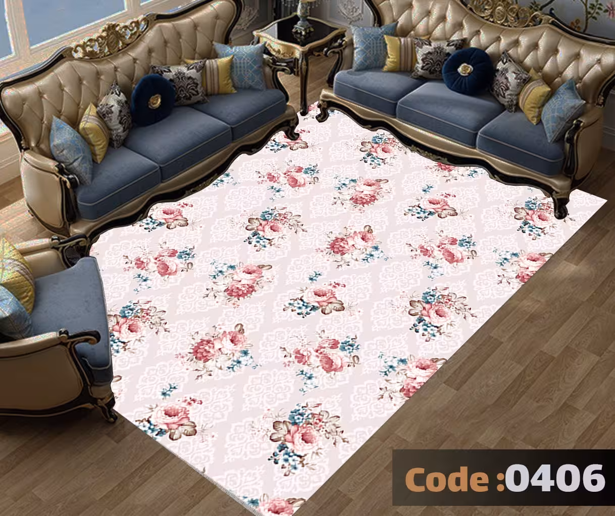 کاورفرش روفرشی دورکشدار گوشه لیفه ای لاکی ، آبی و متنوع کد 0406